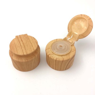 Water transfer printed plastic flip top cap 28/410 with wood surface